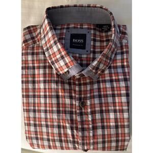 Boss Regular Fit Men's 100% Cotton L/S Dress Shirt L Rust/Blue/White Plaid